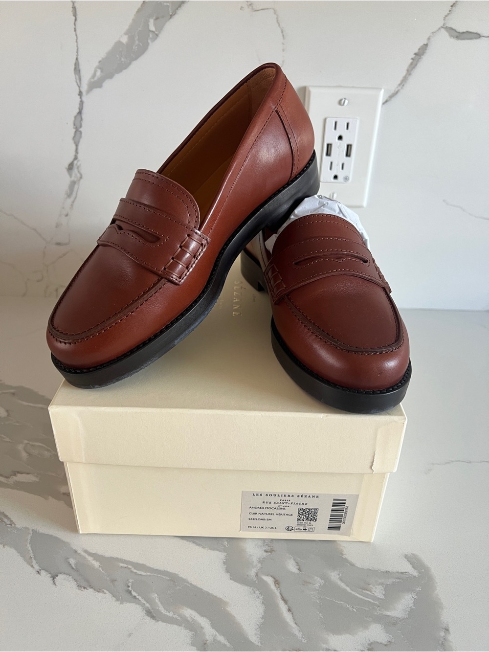 Sezane Chestnut Leather Penny Loafers